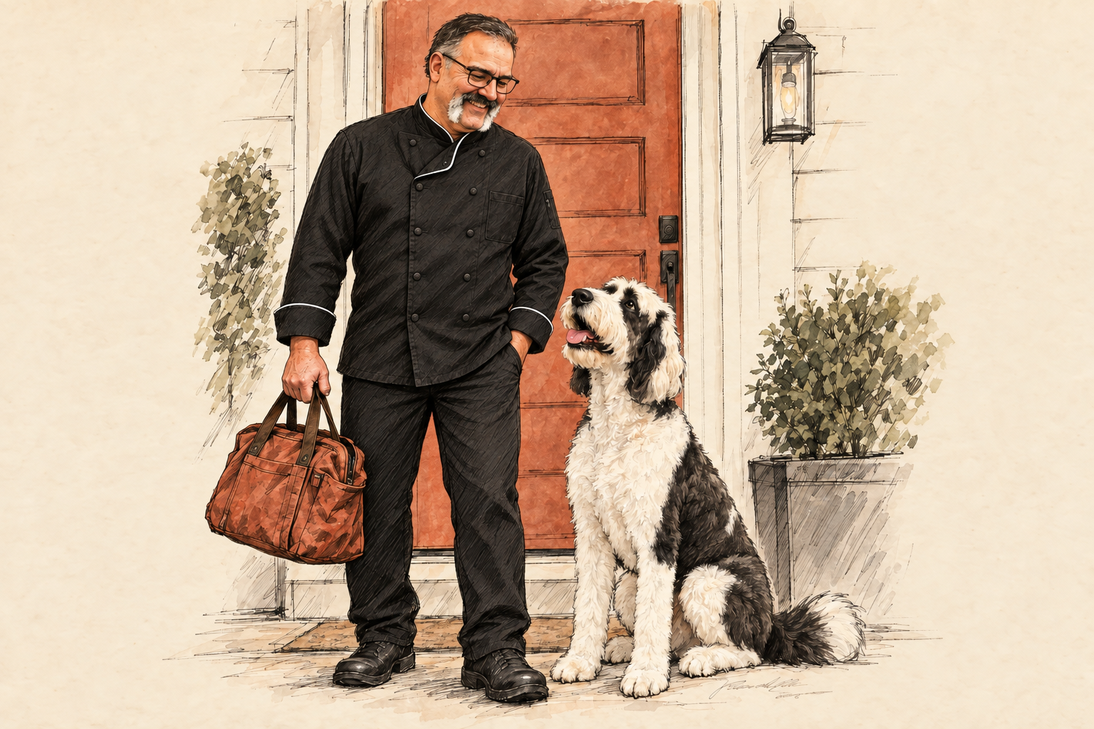 A loose ink illustration of Doug in a chef’s jacket at his front door, holding a work bag as Norman looks up at him.