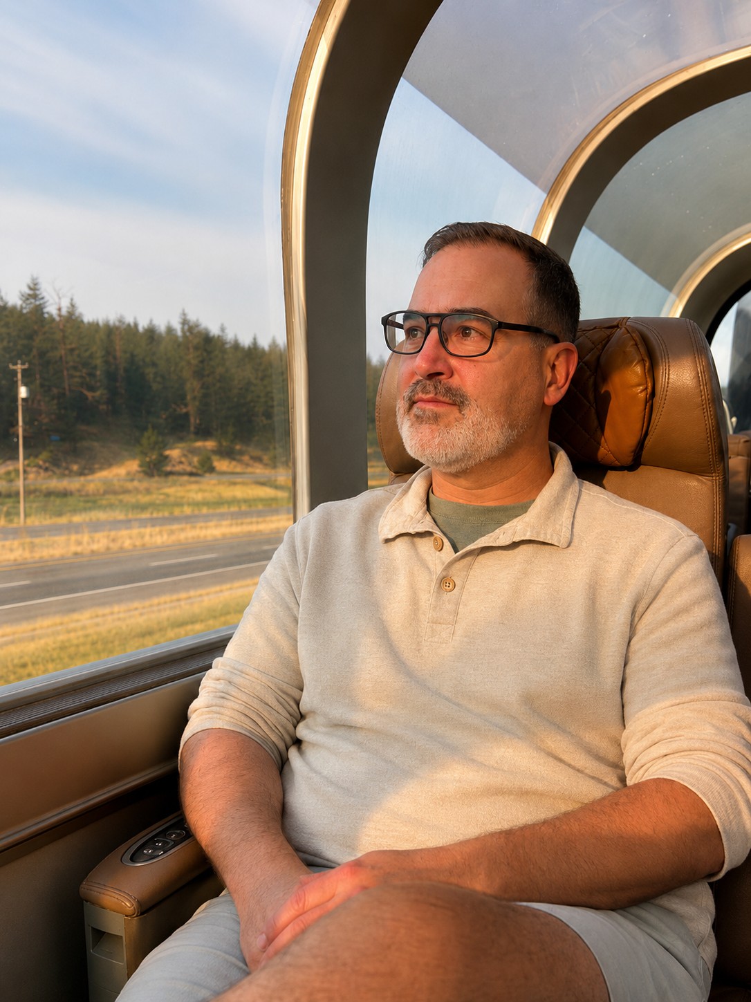 Doug riding the train through the Canadian landscape