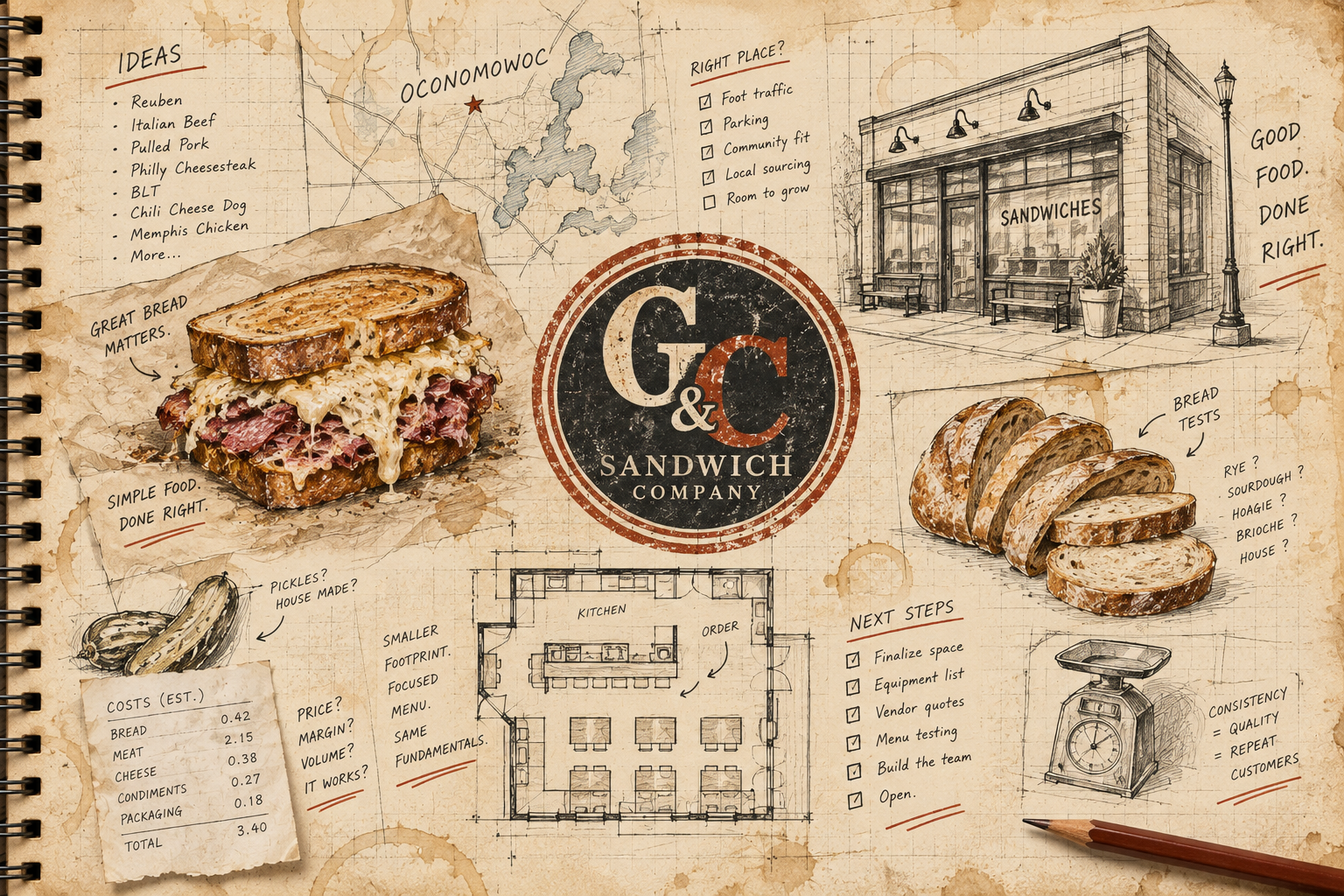 Notebook illustration of the G&C Sandwich Company concept, with sandwich studies, a storefront sketch and operating notes.