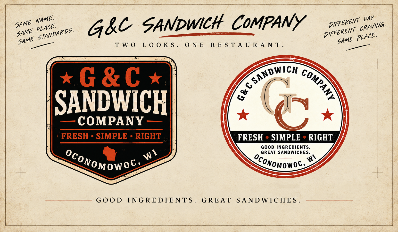 Shield and round logo treatments for G&C Sandwich Company, with the line Two Looks. One Restaurant.