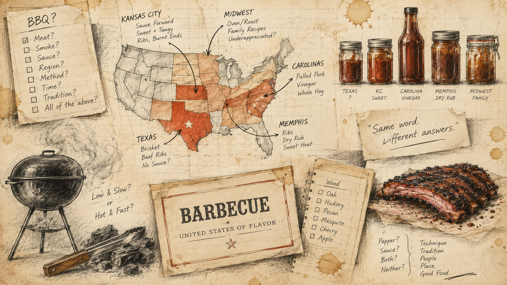 Notebook illustration mapping regional American barbecue traditions.