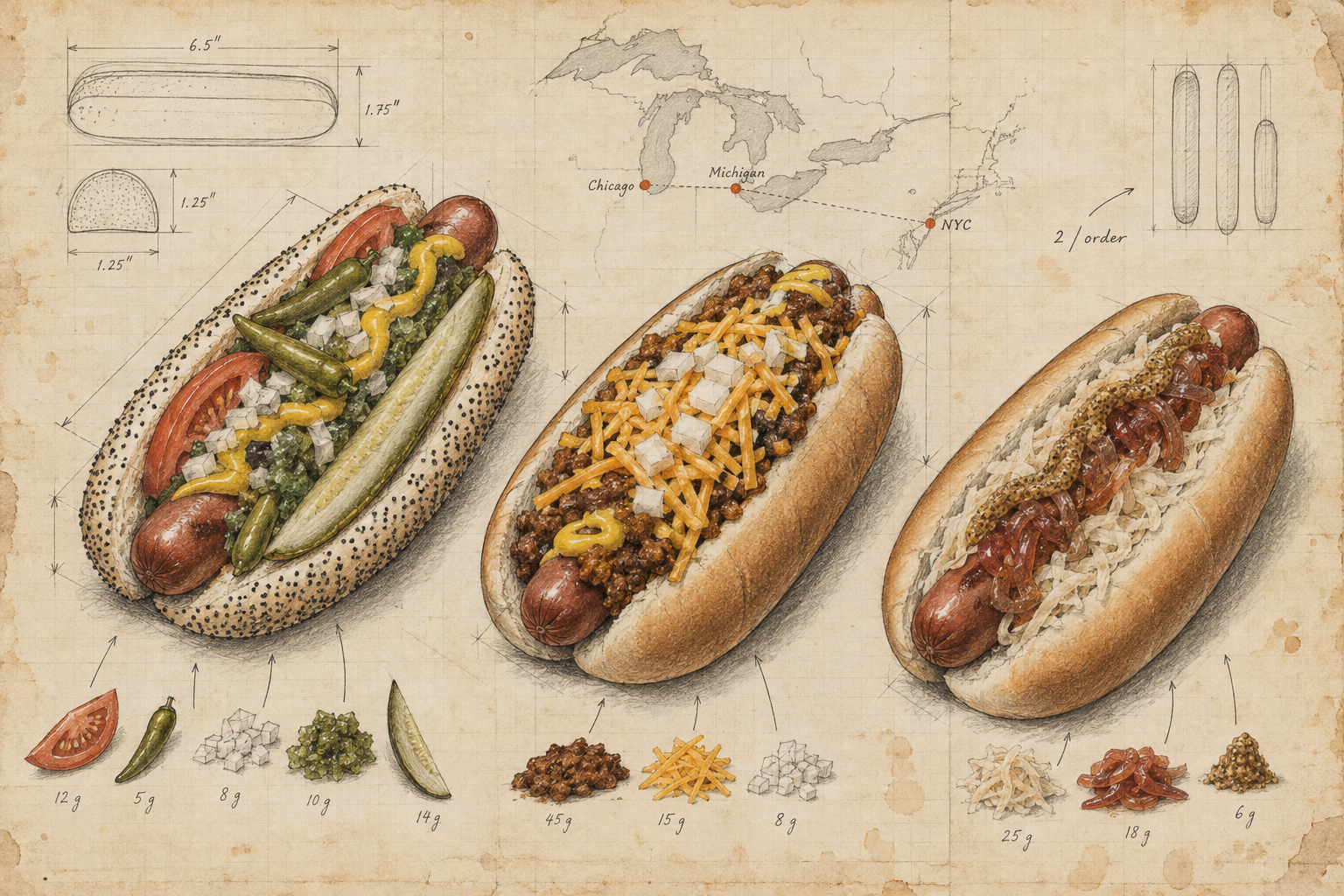Three Dogs. Three Cities. One G&C Hot Dog Problem. — Notebook illustration.