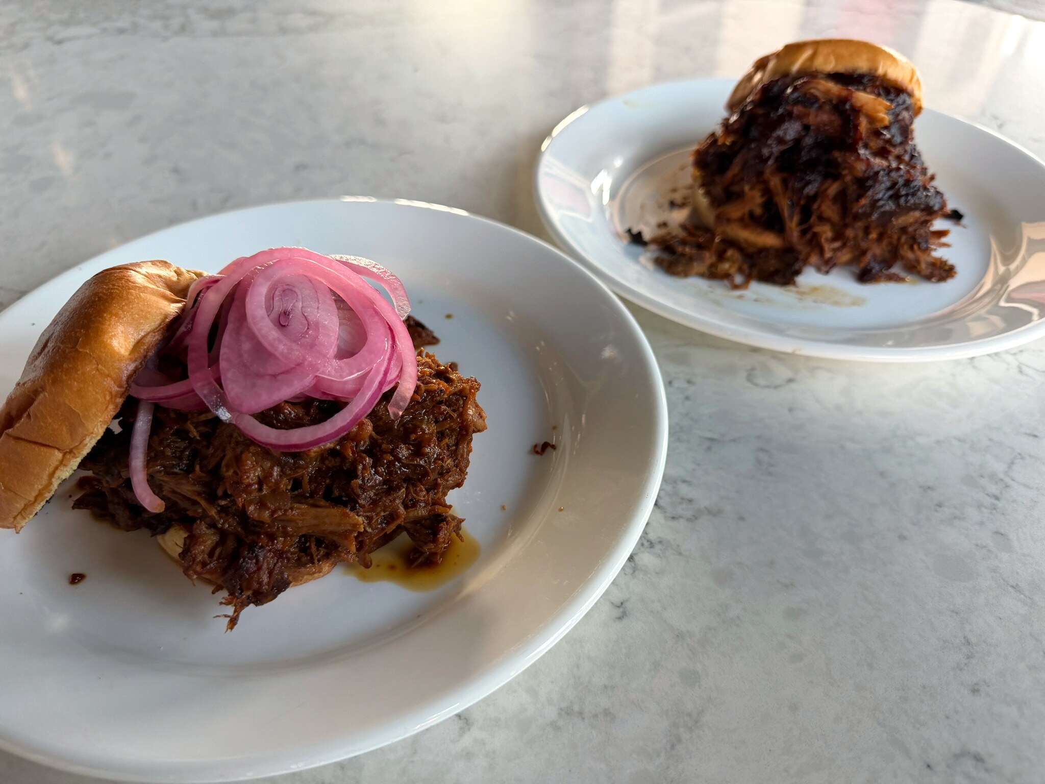 Two pulled-pork sandwiches developed in the G&C Test Kitchen