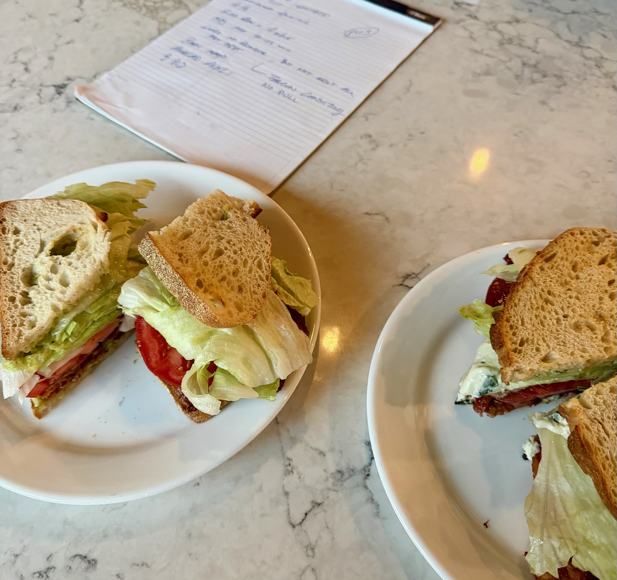 BLT test sandwiches beside working notes.