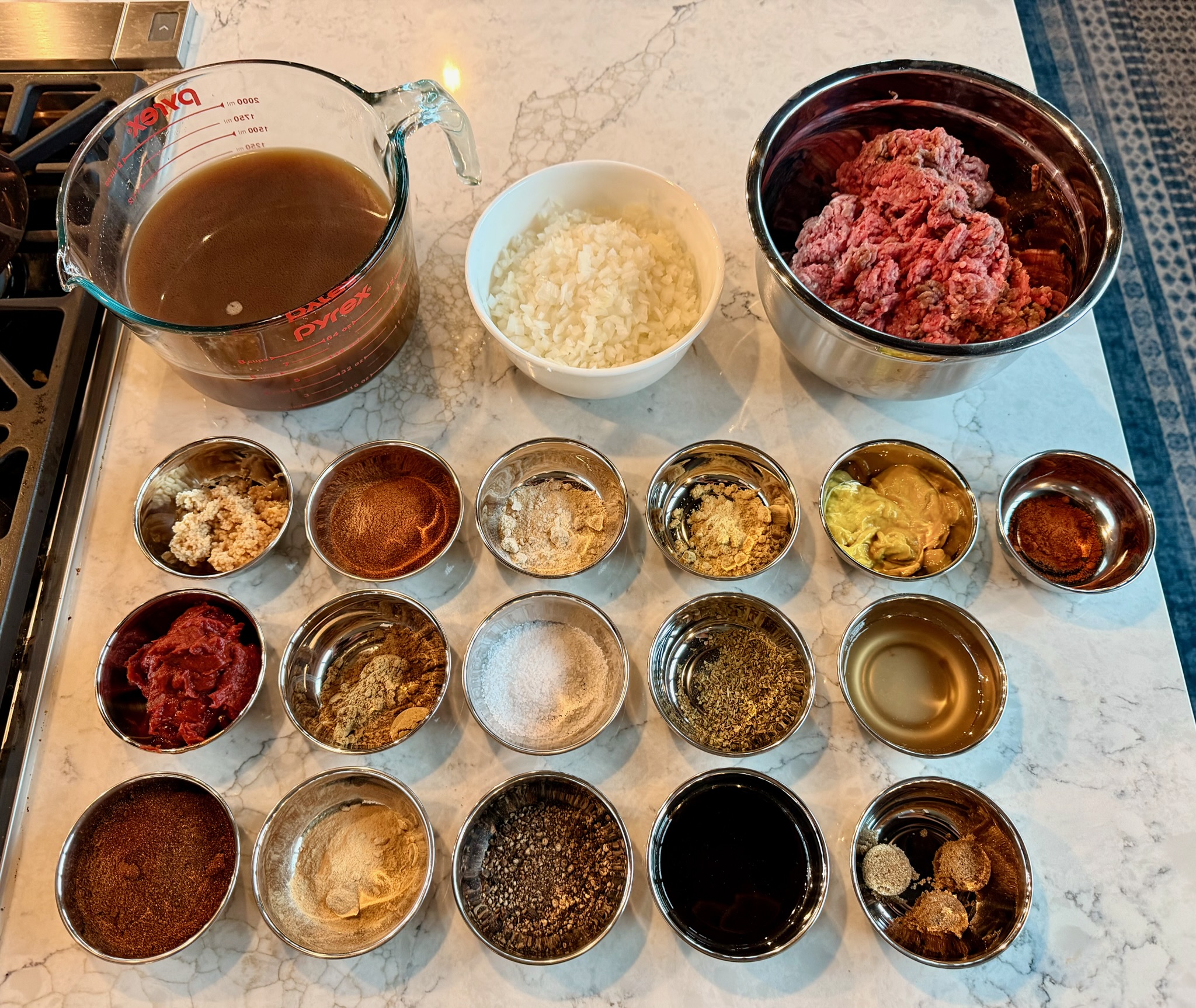 Measured ingredients for the hot dog sauces.