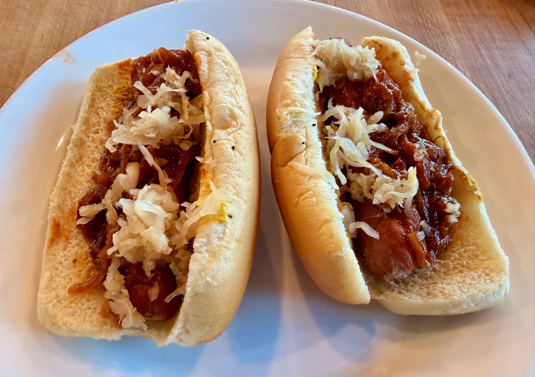 New York dogs with red onion sauce and sauerkraut.