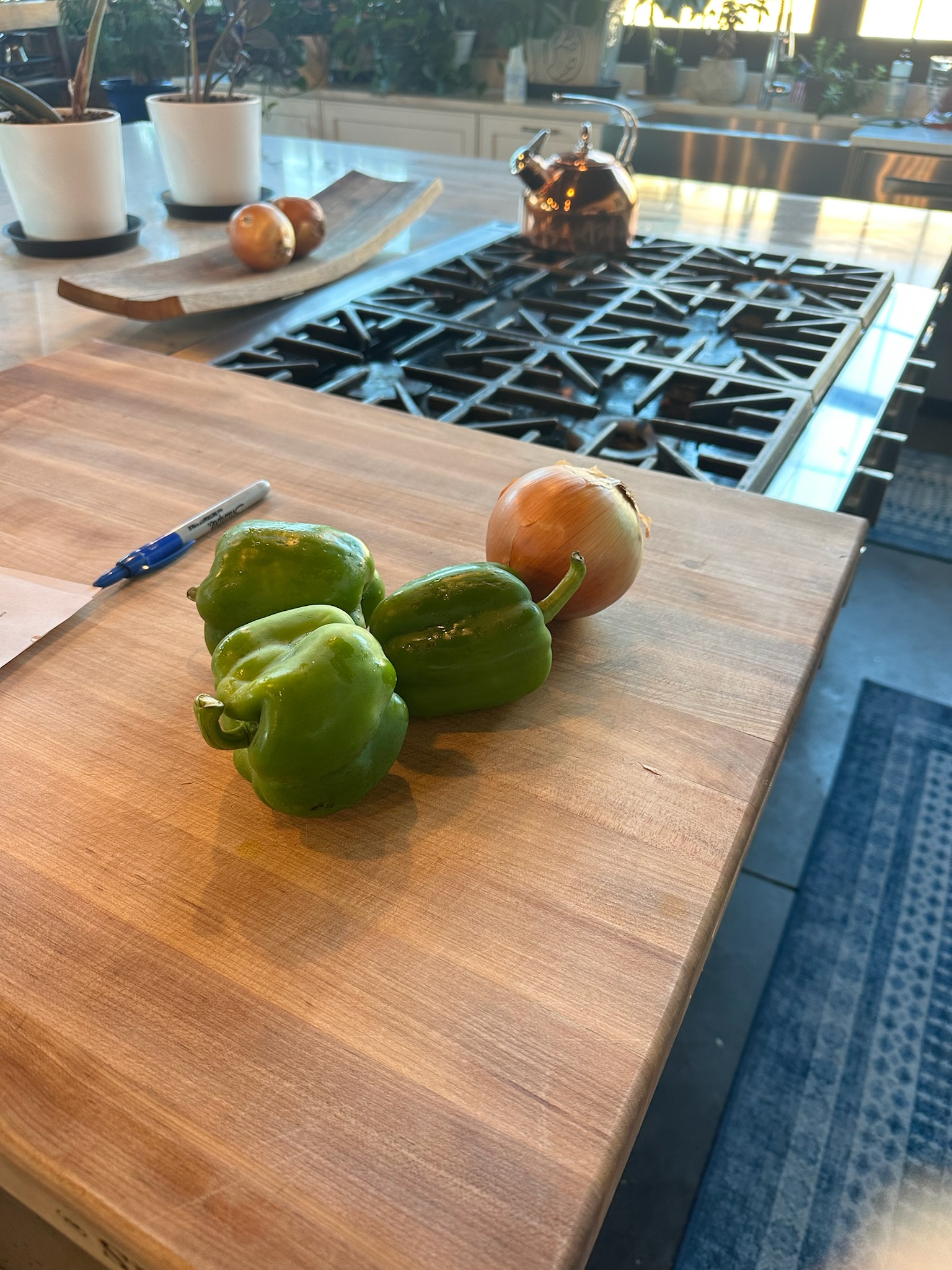 Green peppers and yellow onion before preparation.