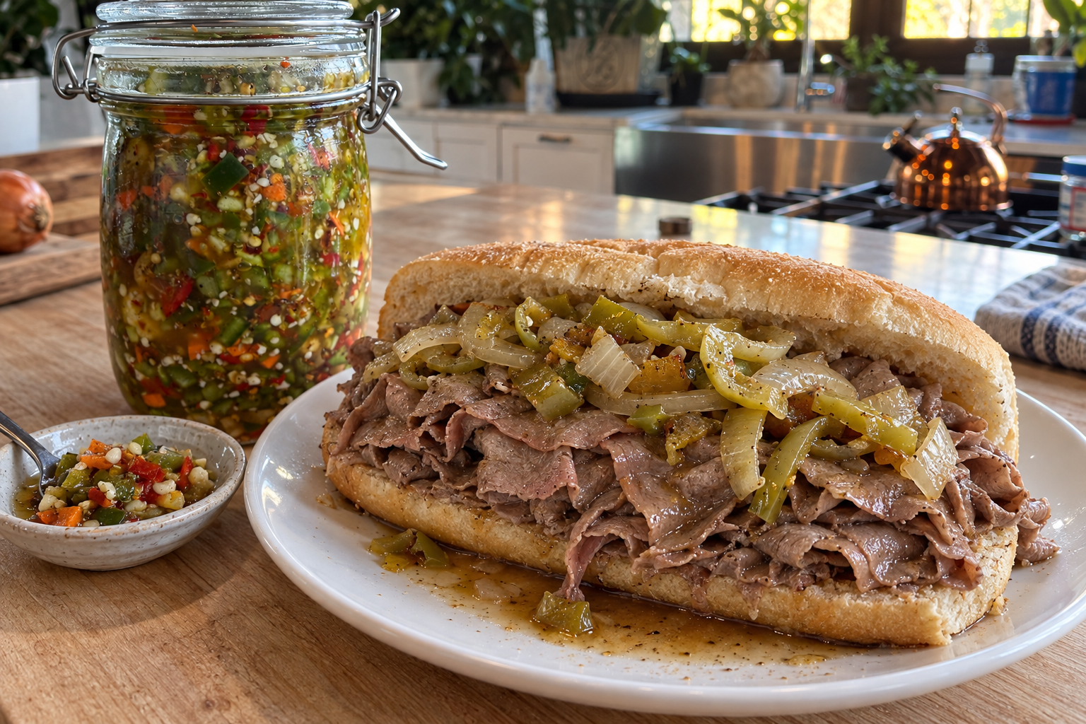 Recipe-based rendering of Chicago Italian beef with sweet peppers and onions.